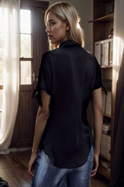 women s blouses loose solid belted long sleeve blouse 111394