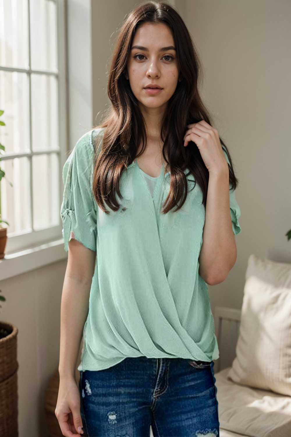 women s blouses loose solid belted long sleeve blouse 109272