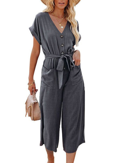 Women's High-Waisted Three-Quarter Jumpsuit with V-Neck, Single-Breasted Belt, and Pockets