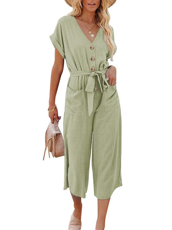 Women's High-Waisted Three-Quarter Jumpsuit with V-Neck, Single-Breasted Belt, and Pockets