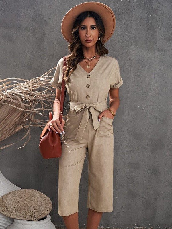 Women's High-Waisted Three-Quarter Jumpsuit with V-Neck, Single-Breasted Belt, and Pockets