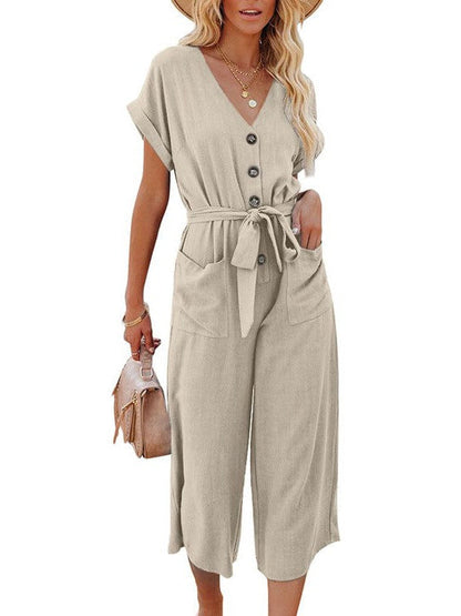 Women's High-Waisted Three-Quarter Jumpsuit with V-Neck, Single-Breasted Belt, and Pockets