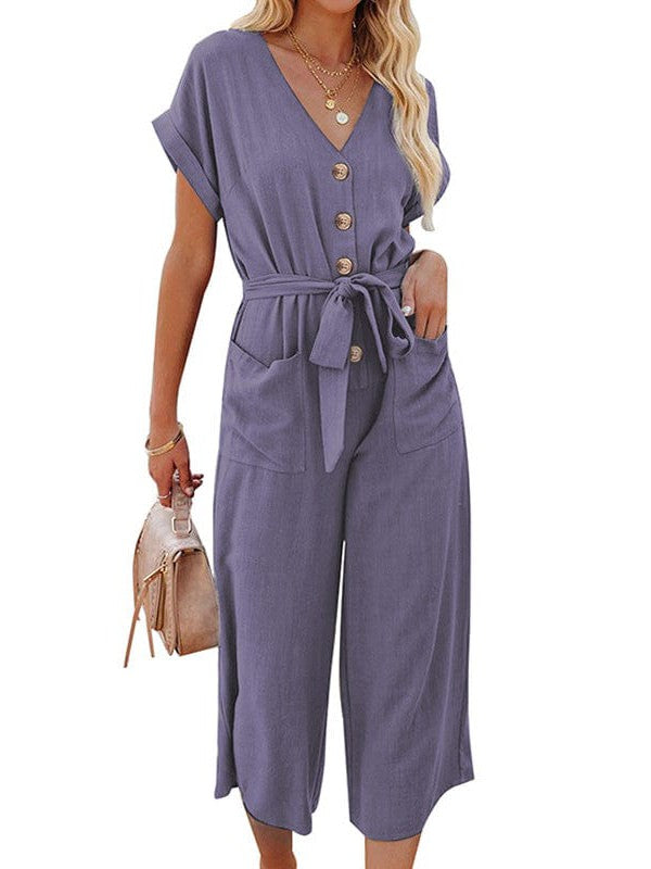 Women's High-Waisted Three-Quarter Jumpsuit with V-Neck, Single-Breasted Belt, and Pockets