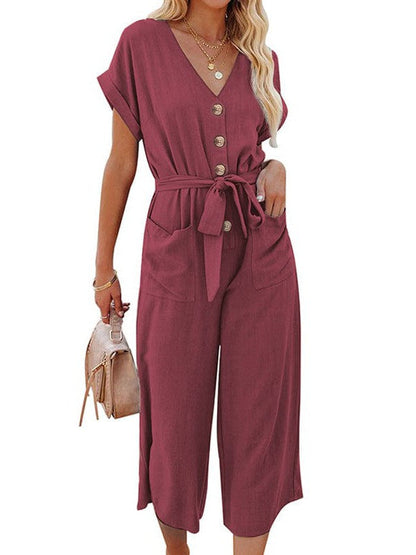 Women's High-Waisted Three-Quarter Jumpsuit with V-Neck, Single-Breasted Belt, and Pockets