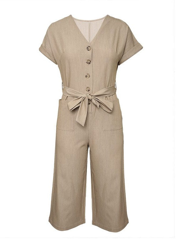 Women's High-Waisted Three-Quarter Jumpsuit with V-Neck, Single-Breasted Belt, and Pockets