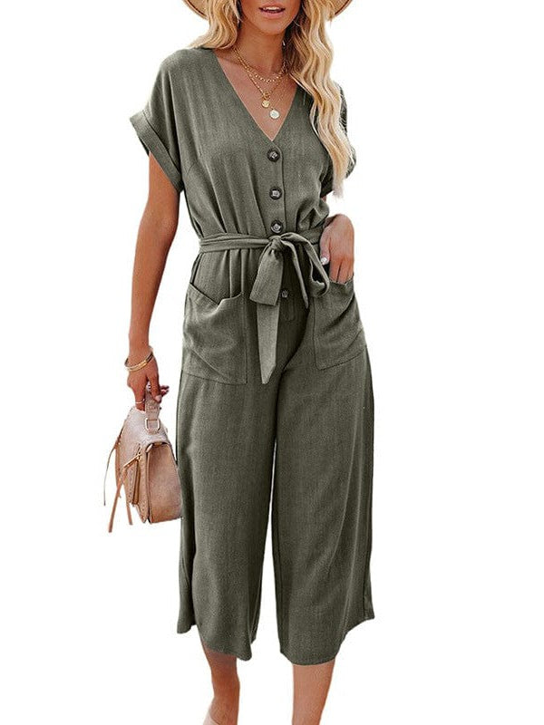 Women's High-Waisted Three-Quarter Jumpsuit with V-Neck, Single-Breasted Belt, and Pockets