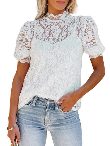 Women's Lace Puff Sleeve Slim Fit Pullover Top with Round Neck