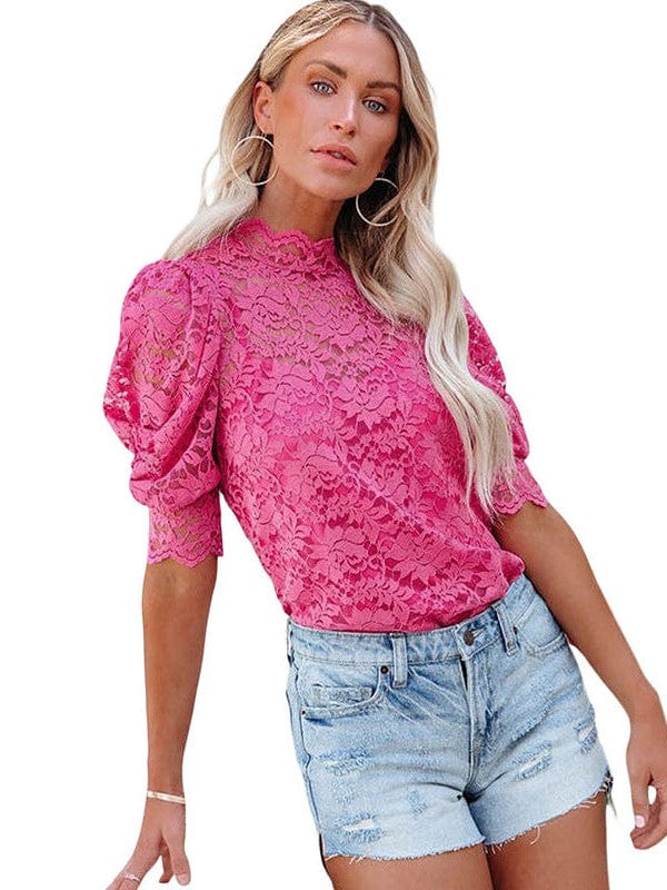 Women's Lace Puff Sleeve Slim Fit Pullover Top with Round Neck