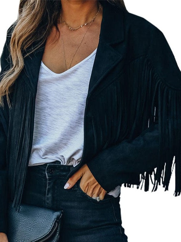 Women's Loose Suede Jacket with Tassel Lapel and Bat Sleeves