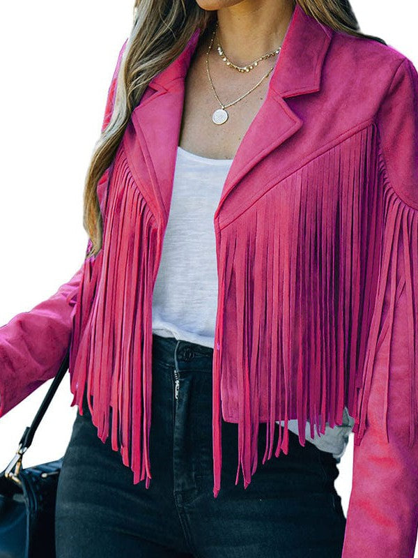 Women's Loose Suede Jacket with Tassel Lapel and Bat Sleeves