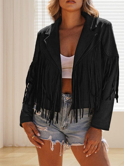 Women's Loose Suede Jacket with Tassel Lapel and Bat Sleeves