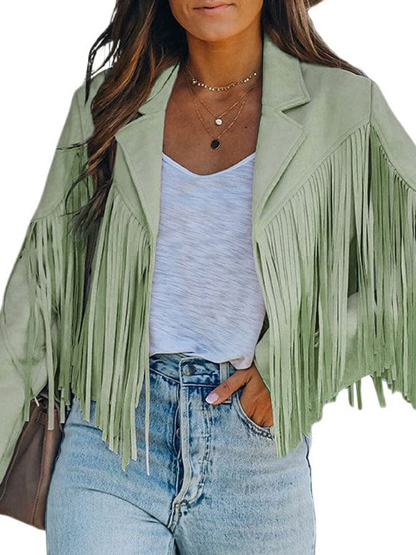 Women's Loose Suede Jacket with Tassel Lapel and Bat Sleeves