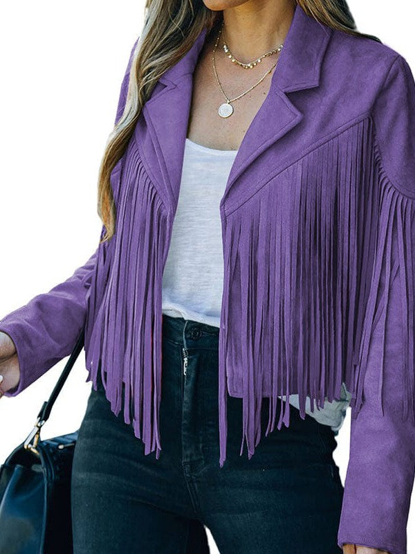 Women's Loose Suede Jacket with Tassel Lapel and Bat Sleeves