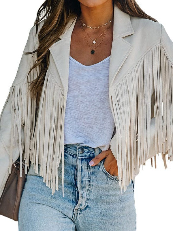 Women's Loose Suede Jacket with Tassel Lapel and Bat Sleeves