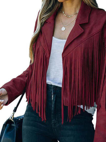 Women's Loose Suede Jacket with Tassel Lapel and Bat Sleeves