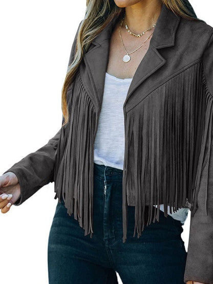 Women's Loose Suede Jacket with Tassel Lapel and Bat Sleeves