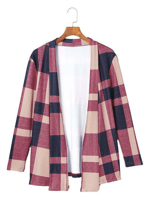 Women's Red Plaid A-Line Cardigan with Long Sleeves