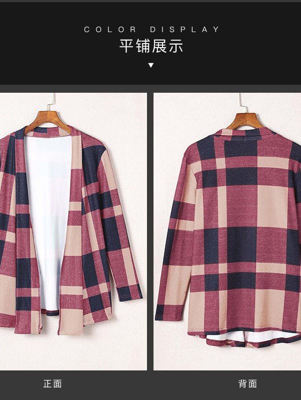 Women's Red Plaid A-Line Cardigan with Long Sleeves