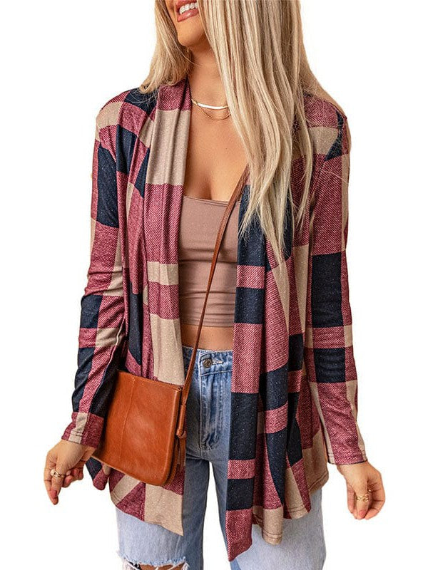 Women's Red Plaid A-Line Cardigan with Long Sleeves