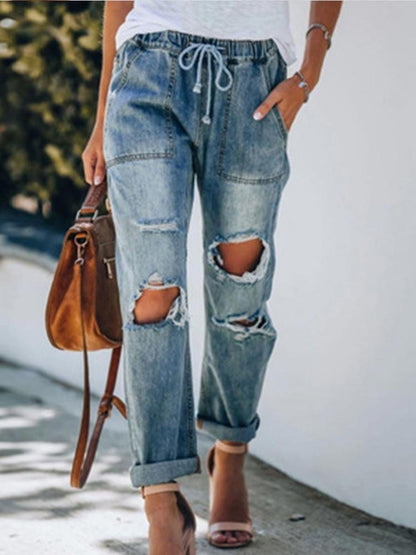 Women's Ripped Denim Trousers Straight Leg Pants