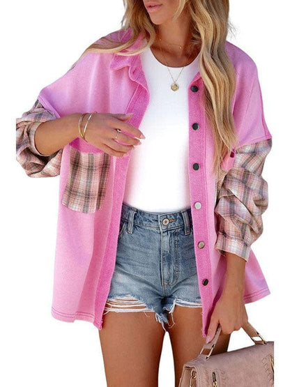 Women's Rose Red Plaid Cardigan with Buttoned Pockets