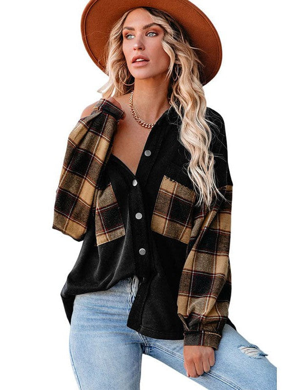 Women's Rose Red Plaid Cardigan with Buttoned Pockets