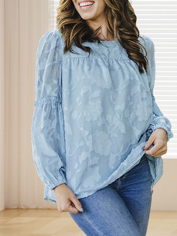 Women's Round Neck Chiffon Lantern Sleeve Pullover Top