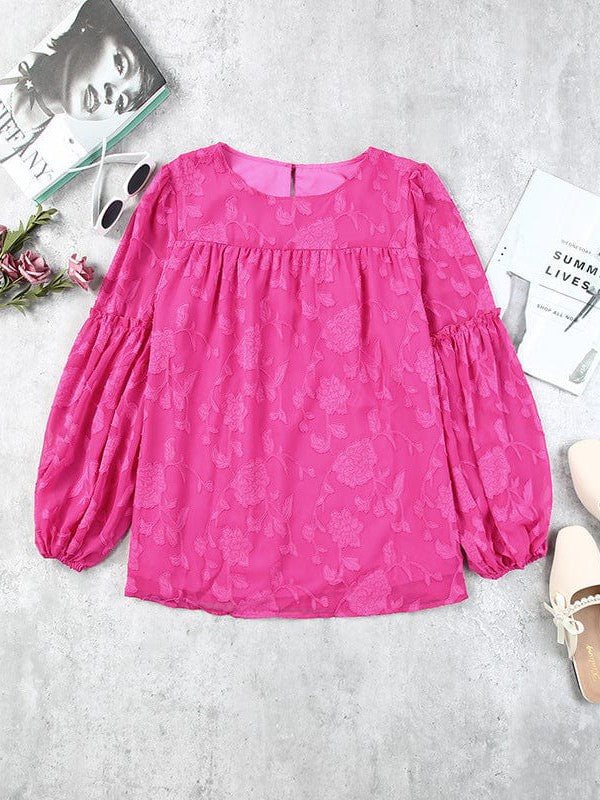 Women's Round Neck Chiffon Lantern Sleeve Pullover Top