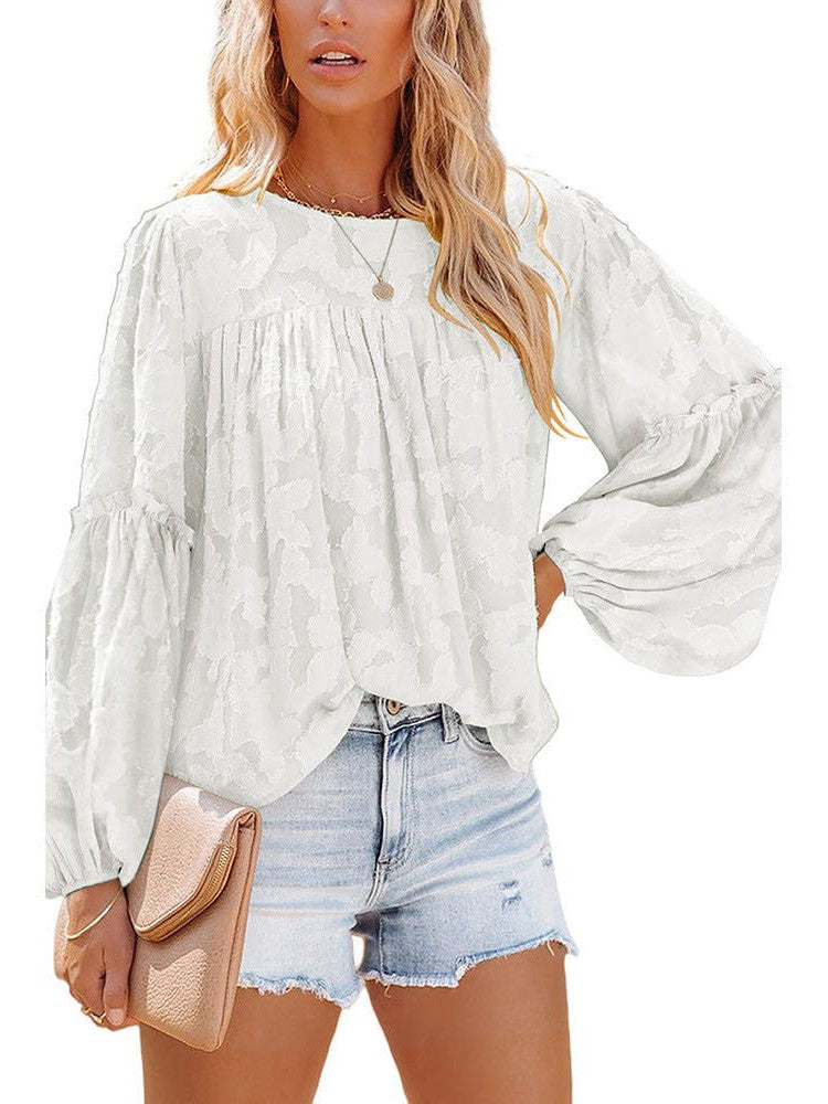 Women's Round Neck Chiffon Lantern Sleeve Pullover Top