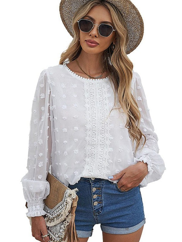 Women's Round Neck Chiffon Lantern Sleeve Pullover Top