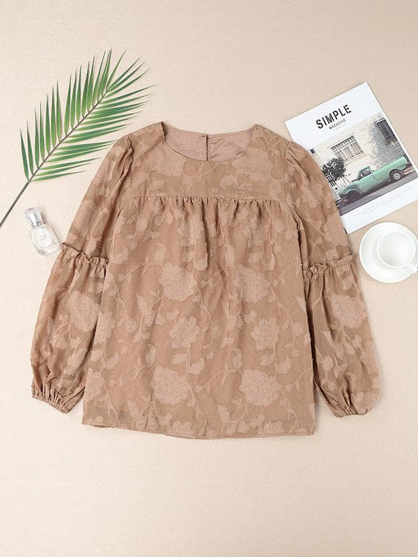 Women's Round Neck Chiffon Lantern Sleeve Pullover Top