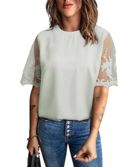 Women's Round Neck See-Through Lace Chiffon Top with Short Sleeves and Splicing