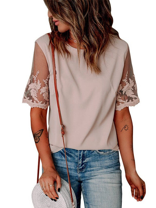 Women's Round Neck See-Through Lace Chiffon Top with Short Sleeves and Splicing