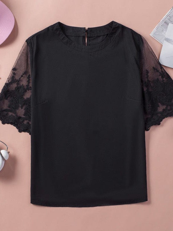 Women's Round Neck See-Through Lace Chiffon Top with Short Sleeves and Splicing