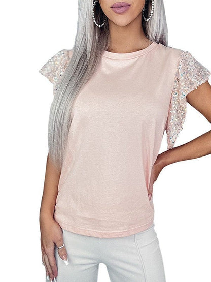 Women's Sequin Embellished Short Sleeve Round Neck T-Shirt with Ruffle Detail