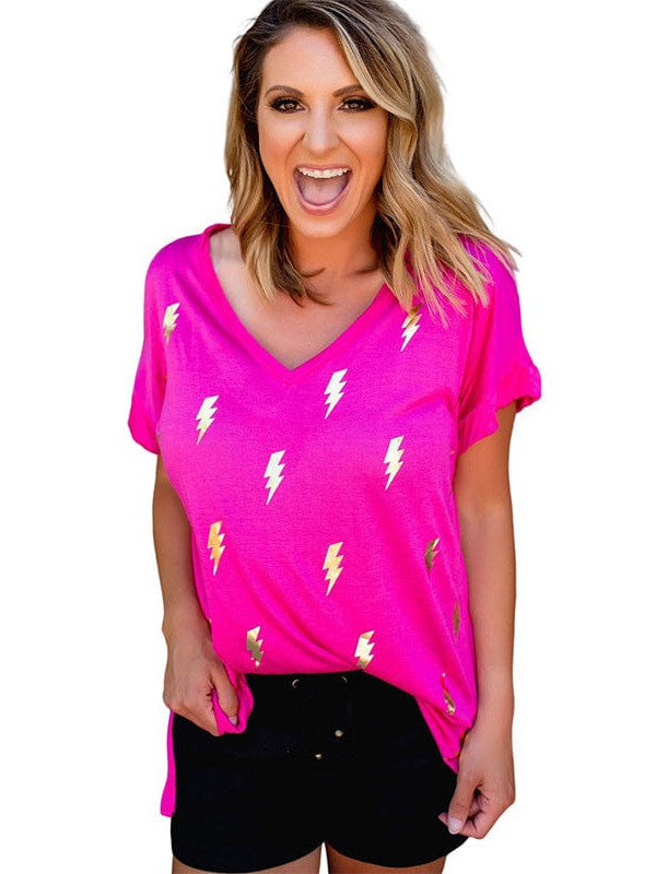 Women's Sequined Lightning Patch V-Neck T-Shirt with Short Sleeves and Loose Fit