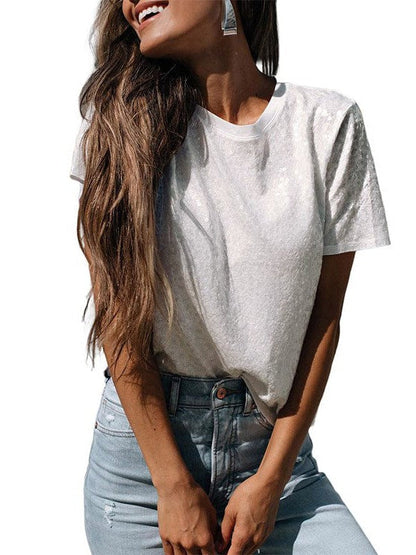 Women's Sequined Round Neck Short-Sleeve Top: White Pullover T-Shirt