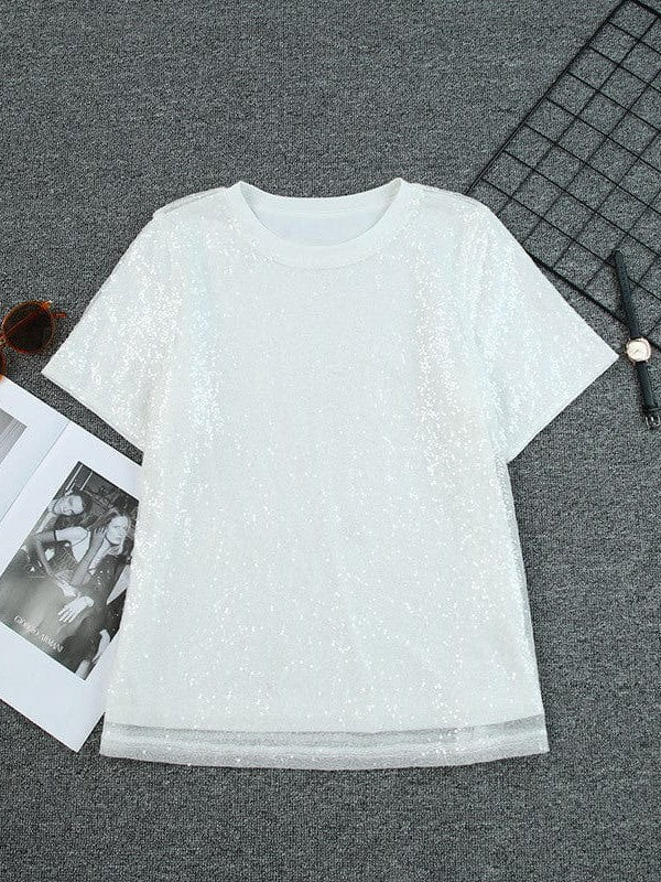 Women's Sequined Round Neck Short-Sleeve Top: White Pullover T-Shirt