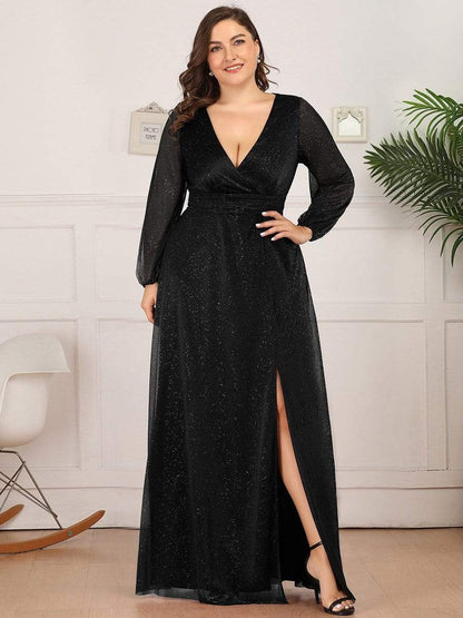 Women's Sexy Long Sleeve V-Neck Shiny Evening Dress