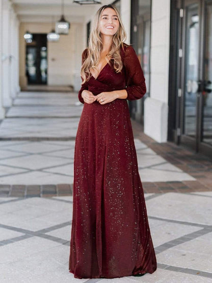 Women's Sexy Long Sleeve V-Neck Shiny Evening Dress