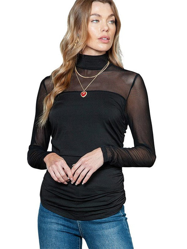 Women's Sexy Mesh Stitching Long-Sleeved Pullover Tops with Solid Color and Patchwork Design