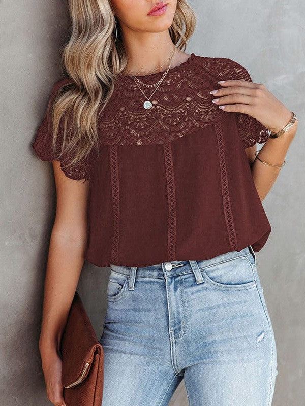 Women's Short-Sleeved Round Neck Lace Hollow Chiffon Top Pullover