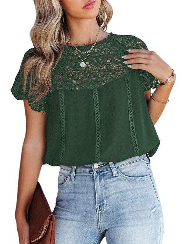 Women's Short-Sleeved Round Neck Lace Hollow Chiffon Top Pullover