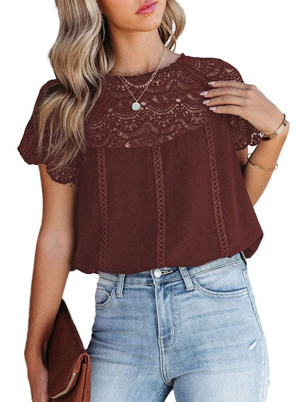 Women's Short-Sleeved Round Neck Lace Hollow Chiffon Top Pullover