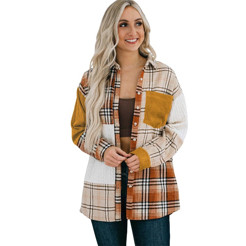 Women's Single Breasted Orange Corduroy Patchwork Pocket Blouse with Plaid Contrast