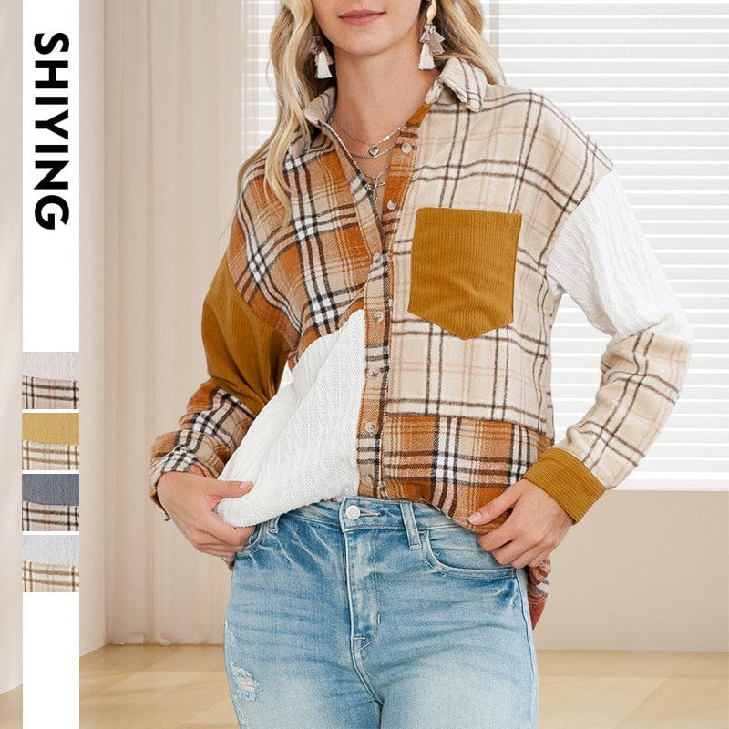 Women's Single Breasted Orange Corduroy Patchwork Pocket Blouse with Plaid Contrast