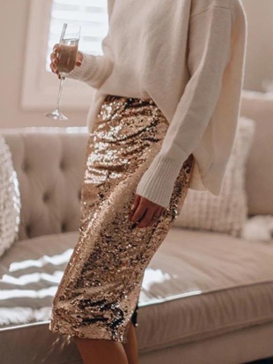 Women's Skirts Sequined Skinny Slit Midi Skirt