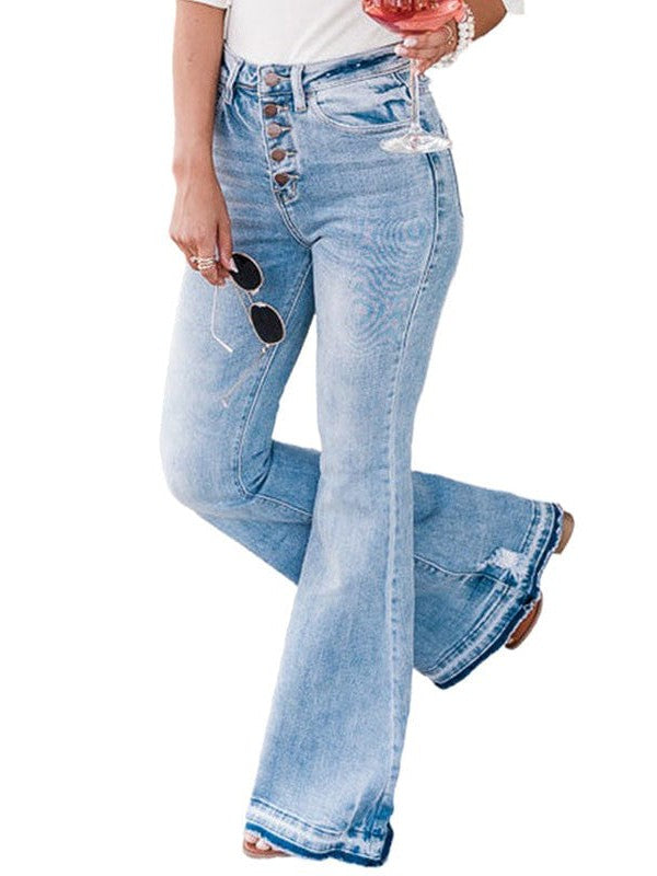 Women's Sky Blue High Waist Flared Jeans with Raw Edge Detail