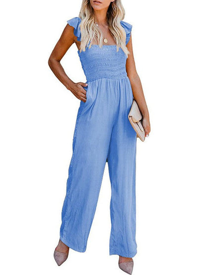 Women's Sleeveless Jumpsuit with Wide Leg Pants and Wooden Ear Accents