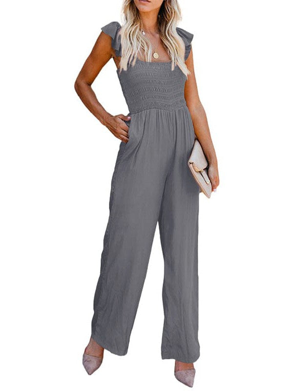 Women's Sleeveless Jumpsuit with Wide Leg Pants and Wooden Ear Accents